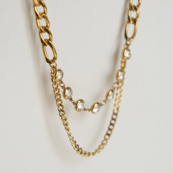 Zirconia Layer Link Chain Necklace | 18K Gold Plated Stainless Steel - Picture 2 of 4